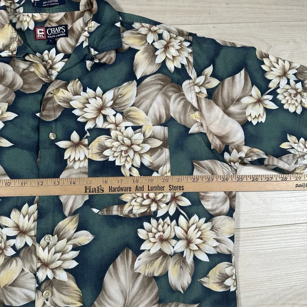 Chaps Ralph Lauren Shirt Mens Large Camp Loop Collar Floral Cotton Vintage Green